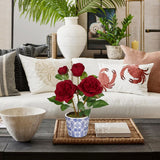 Red Artificial Roses Flowers Potted with Blue and White Porcelain Vase