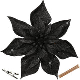 9'' Poinsettia Christmas Flowers 8PCS Black Glitter Floral Picks Large Xmas Ornament Flowers