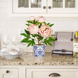 Artificial Peony Silk Flowers Potted with Blue and White Ceramic Pot - Pink