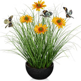 17.3" Fake Potted Plants Artificial Onion Grass Plant with Yellow Daisies Flowers and Butterflies Small Faux Plant Indoor