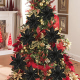 9'' Poinsettia Christmas Flowers 8PCS Black Glitter Floral Picks Large Xmas Ornament Flowers