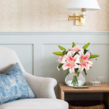 Artificial Flowers Tiger Pink Lily Bouquet with Faux Water Vase for Home Decor