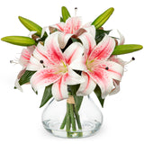 Artificial Flowers Tiger Pink Lily Bouquet with Faux Water Vase for Home Decor