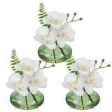 White Orchids Artificial Flowers with Green Glass Vases - Set of 3