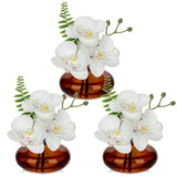 White Orchids Artificial Flowers with Amber Glass Vases - Set of 3