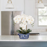White Orchid Artificial Flower with Blue and White Porcelain Pot
