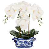 White Orchid Artificial Flower with Blue and White Porcelain Pot