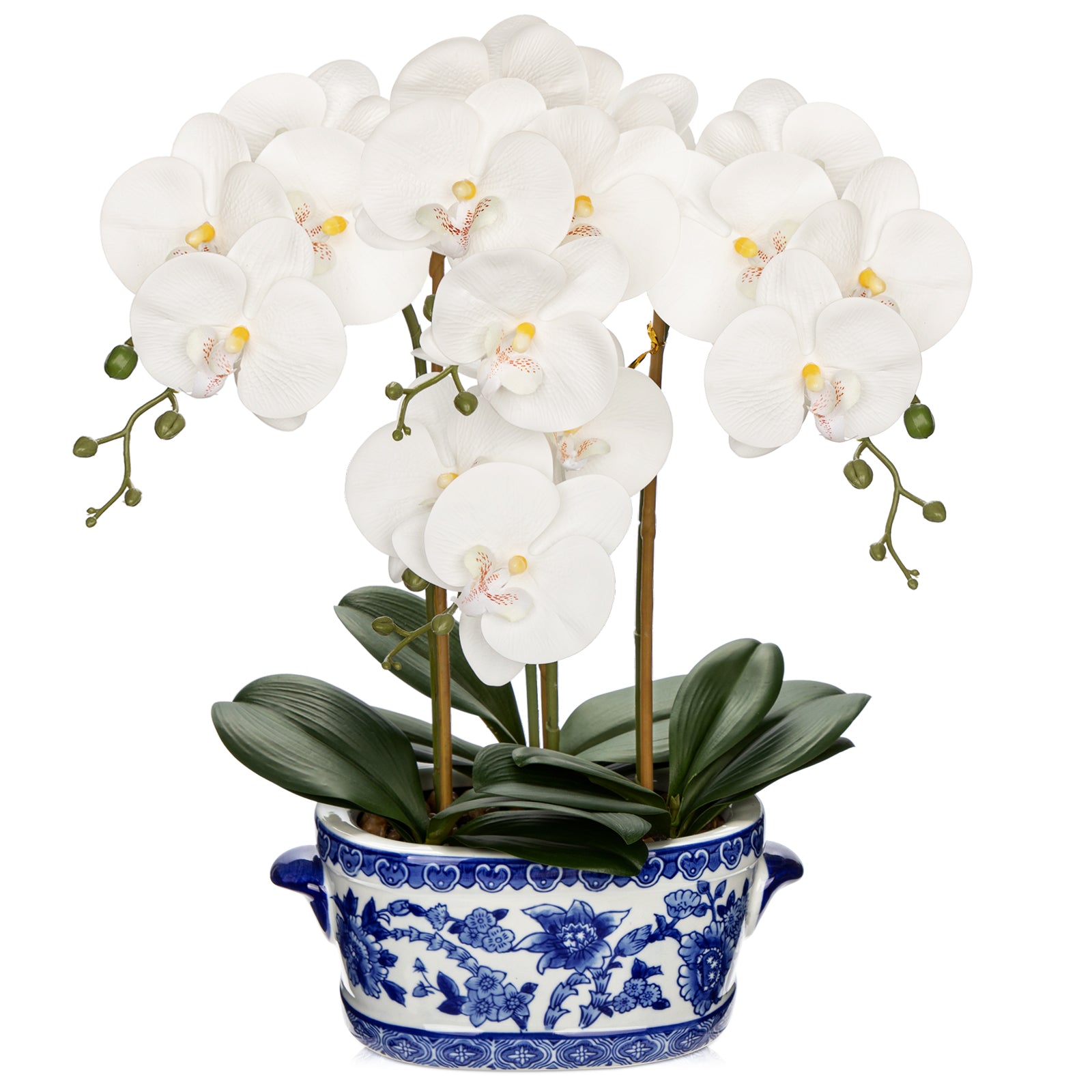 White Orchid Artificial Flower with Blue and White Porcelain Pot