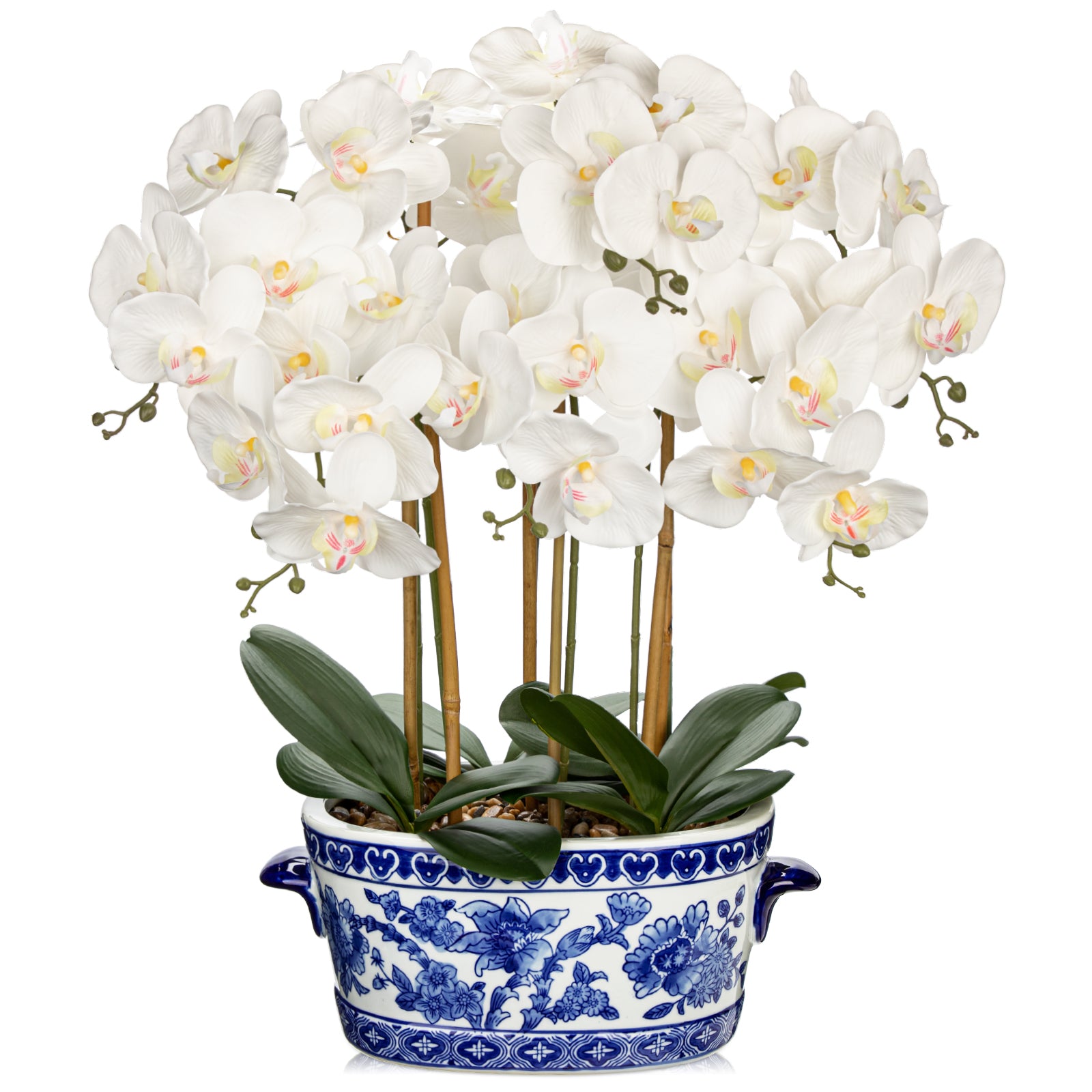 White Orchid Artificial Flower with Blue and White Porcelain Pot