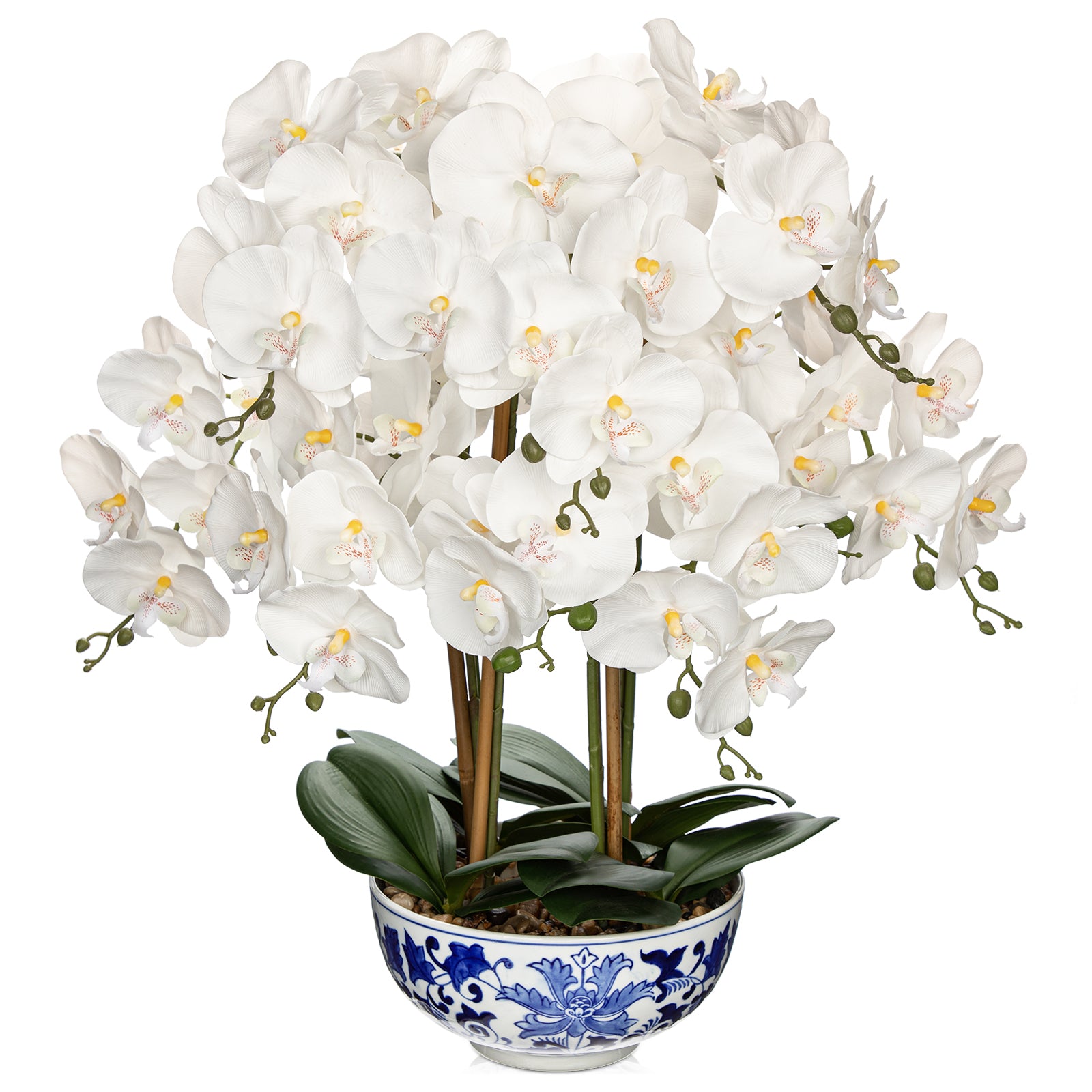 White Orchid Artificial Flower with Blue and White Porcelain Pot