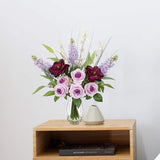Artificial Flowers Floral Arrangement, Mixed Rose, Lilacs, Orchids Potted Vase