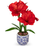 Artificial Amaryllis Flowers Bulbs Moss Potted with Blue Ceramic Pot - Red
