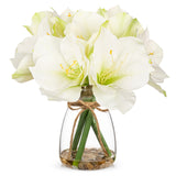 Artificial Amaryllis Flower Arrangement with Faux Water Pebbles - White