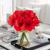 Artificial Amaryllis Flower Arrangement with Faux Water Pebbles - Red