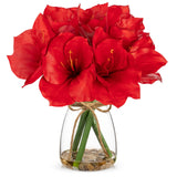 Artificial Amaryllis Flower Arrangement with Faux Water Pebbles - Red