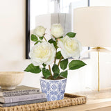 White Artificial Roses Flowers Potted with Blue and White Porcelain Vase