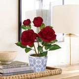 Red Artificial Roses Flowers Potted with Blue and White Porcelain Vase