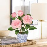 Pink Artificial Roses Flowers Potted with Blue and White Porcelain Vase
