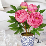 Artificial Peony Silk Flowers Potted with Blue and White Ceramic Pot - Red