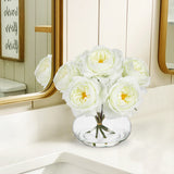 Artificial Roses Flowers Bouquet with Clear Faux Water Glass Vase -White