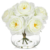 Artificial Roses Flowers Bouquet with Clear Faux Water Glass Vase -White