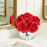 Artificial Roses Flowers Bouquet with Clear Faux Water Glass Vase - Red