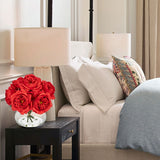 Artificial Roses Flowers Bouquet with Clear Faux Water Glass Vase - Red