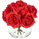Artificial Roses Flowers Bouquet with Clear Faux Water Glass Vase - Red