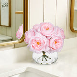 Artificial Roses Flowers Bouquet with Clear Faux Water Glass Vase - Pink