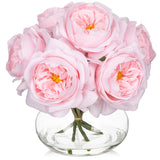 Artificial Roses Flowers Bouquet with Clear Faux Water Glass Vase - Pink