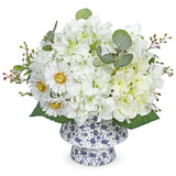 White Artificial Hydrangea Flowers Potted Ceramic Vase Mixed Daisy Eucalyptus Leaf