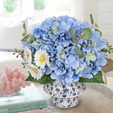 Blue Artificial Hydrangea Flowers Potted Ceramic Vase Mixed Daisy Eucalyptus Leaf