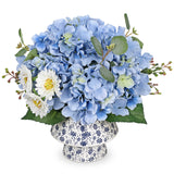 Blue Artificial Hydrangea Flowers Potted Ceramic Vase Mixed Daisy Eucalyptus Leaf