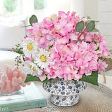 Pink Artificial Hydrangea Flowers Potted Ceramic Vase Mixed Daisy Eucalyptus Leaf
