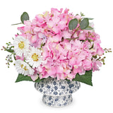 Pink Artificial Hydrangea Flowers Potted Ceramic Vase Mixed Daisy Eucalyptus Leaf