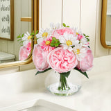 Artificial Floral Pink Roses Peonies Daisy Flower Bouquet with Glass Vase