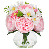 Artificial Floral Pink Roses Peonies Daisy Flower Bouquet with Glass Vase