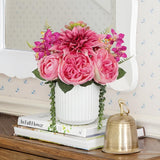 Pink Artificial Dahlia Silk Flower Potted with White Ceramic Vase