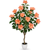 Artificial Hibiscus Tree Faux Plant Potted with Orange Flowers - 4.13ft