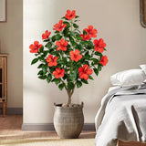 Artificial Hibiscus Tree Faux Plant Potted with Red Flowers - 4.13ft