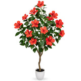 Artificial Hibiscus Tree Faux Plant Potted with Red Flowers - 4.13ft