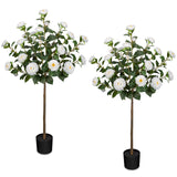 4ft Artificial Camellia Tree Fake Blooming Tree Potted with White Flowers - 2 Pack