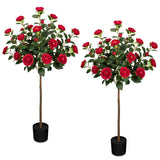 4ft Artificial Camellia Tree Fake Blooming Tree Potted with Red Flowers - 2 Pack