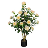 Yellow Artificial Camellia Tree Plant Fake Blooming Tree Potted - 3ft