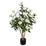 White Artificial Camellia Tree Plant Fake Blooming Tree Potted - 3ft
