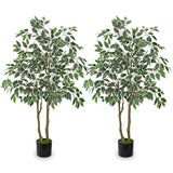 2 Pack Artificial Ficus Tree Silk White Leaves Dual Trunks Plant Potted - 4ft