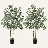2 Pack Artificial Ficus Tree Silk White Leaves Dual Trunks Plant Potted - 4ft
