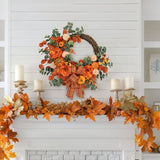 Artificial Autumn Fall Half Wreath for Front Door with Pumpkin