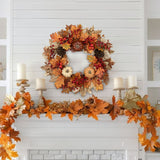 Artificial Autumn Fall Wreath for Front Door with Pumpkin Oak - 22"