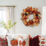 Artificial Autumn Fall Wreath for Front Door with Pumpkin Oak - 22"